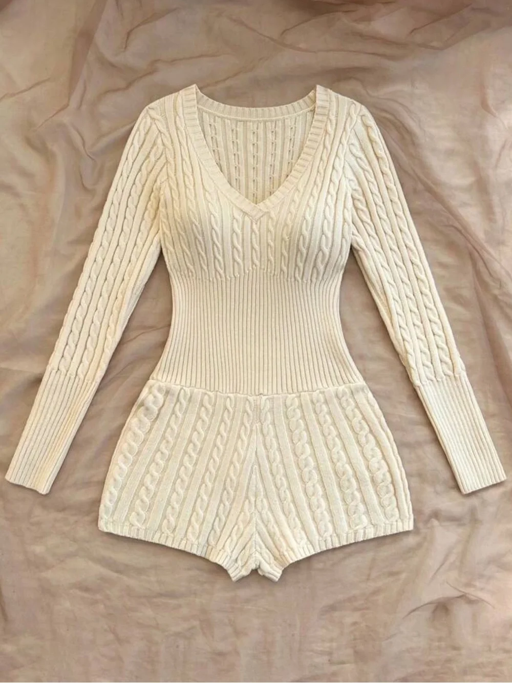 Cream Cable Knit V-Neck Romper